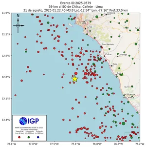 Mapa sísmico del sismo de magnitud 3.8 a 59 km al SO de Chilca, Cañete - Lima, Perú