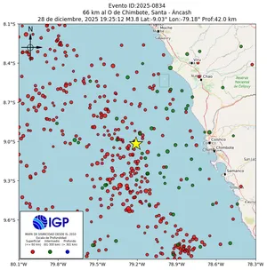 Mapa sísmico del sismo de magnitud 3.8 a 66 km al O de Chimbote, Santa - Áncash, Perú