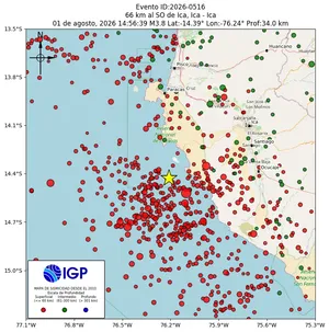 Mapa sísmico del sismo de magnitud 3.8 a 66 km al SO de Ica, Ica - Ica, Perú