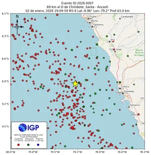 Mapa sísmico del sismo de magnitud 3.8 a 69 km al O de Chimbote, Santa - Áncash, Perú