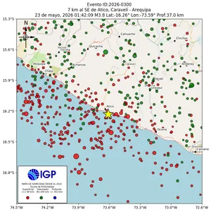 Mapa sísmico del sismo de magnitud 3.8 a 7 km al SE de Atico, Caravelí - Arequipa, Perú