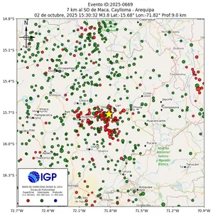 Mapa sísmico del sismo de magnitud 3.8 a 7 km al SO de Maca, Caylloma - Arequipa, Perú