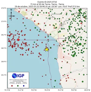 Mapa sísmico del sismo de magnitud 3.8 a 71 km al SO de Tacna, Tacna - Tacna, Perú