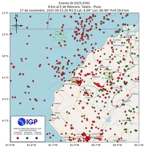 Mapa sísmico del sismo de magnitud 3.8 a 8 km al E de Máncora, Talara - Piura, Perú