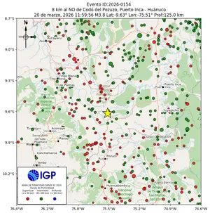 Mapa sísmico del sismo de magnitud 3.8 a 8 km al NO de Codo del Pozuzo, Puerto Inca - Huánuco, Perú