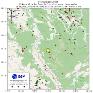 Mapa sísmico del sismo de magnitud 3.8 a 85 km al NE de San Pedro de Coris, Churcampa - Huancavelica, Perú