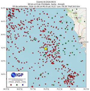 Mapa sísmico del sismo de magnitud 3.8 a 90 km al O de Chimbote, Santa - Áncash, Perú