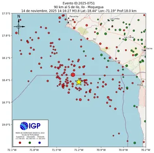 Mapa sísmico del sismo de magnitud 3.8 a 90 km al S de Ilo, Ilo - Moquegua, Perú