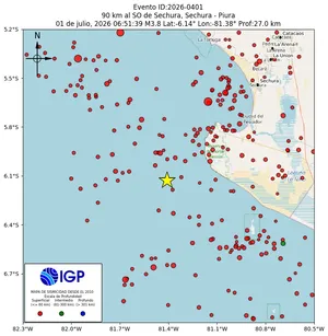 Mapa sísmico del sismo de magnitud 3.8 a 90 km al SO de Sechura, Sechura - Piura, Perú