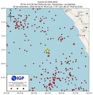 Mapa sísmico del sismo de magnitud 3.8 a 91 km al O de San Pedro de Lloc, Pacasmayo - La Libertad, Perú