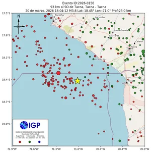 Mapa sísmico del sismo de magnitud 3.8 a 93 km al SO de Tacna, Tacna - Tacna, Perú