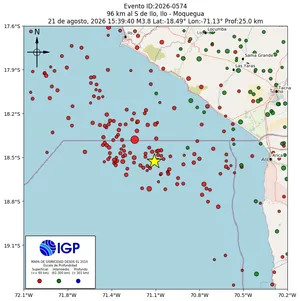Mapa sísmico del sismo de magnitud 3.8 a 96 km al S de Ilo, Ilo - Moquegua, Perú