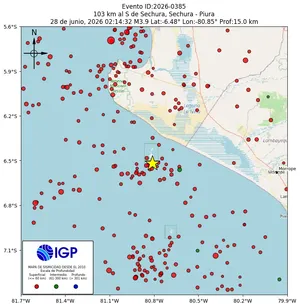 Mapa sísmico del sismo de magnitud 3.9 a 103 km al S de Sechura, Sechura - Piura, Perú