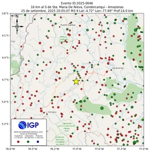 Mapa sísmico del sismo de magnitud 3.9 a 16 km al S de Sta. Maria De Nieva, Condorcanqui - Amazonas, Perú