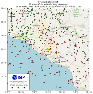 Mapa sísmico del sismo de magnitud 3.9 a 17 km al NE de Mollendo, Islay - Arequipa, Perú