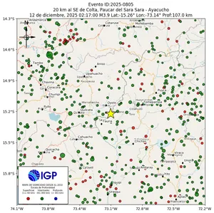 Mapa sísmico del sismo de magnitud 3.9 a 20 km al SE de Colta, Paucar del Sara Sara - Ayacucho, Perú