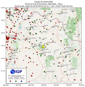Mapa sísmico del sismo de magnitud 3.9 a 23 km al E de Chulucanas, Morropón - Piura, Perú