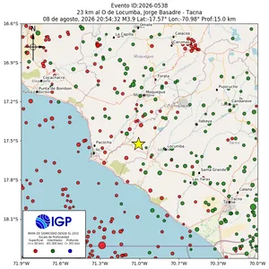 Mapa sísmico del sismo de magnitud 3.9 a 23 km al O de Locumba, Jorge Basadre - Tacna, Perú