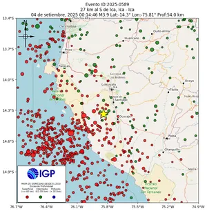 Mapa sísmico del sismo de magnitud 3.9 a 27 km al S de Ica, Ica - Ica, Perú