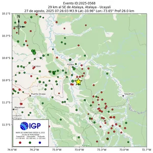Mapa sísmico del sismo de magnitud 3.9 a 29 km al SE de Atalaya, Atalaya - Ucayali, Perú
