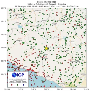 Mapa sísmico del sismo de magnitud 3.9 a 30 km al E de Caravelí, Caravelí - Arequipa, Perú