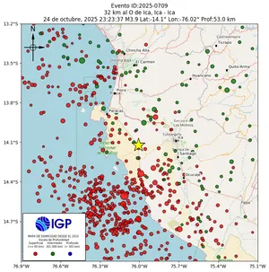 Mapa sísmico del sismo de magnitud 3.9 a 32 km al O de Ica, Ica - Ica, Perú
