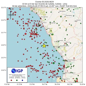Mapa sísmico del sismo de magnitud 3.9 a 33 km al O de San Vicente de Cañete, Cañete - Lima, Perú