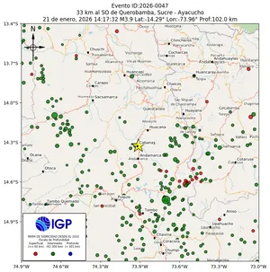 Mapa sísmico del sismo de magnitud 3.9 a 33 km al SO de Querobamba, Sucre - Ayacucho, Perú