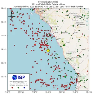 Mapa sísmico del sismo de magnitud 3.9 a 35 km al SO de Mala, Cañete - Lima, Perú