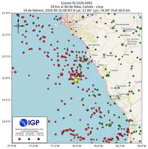 Mapa sísmico del sismo de magnitud 3.9 a 39 km al SO de Mala, Cañete - Lima, Perú