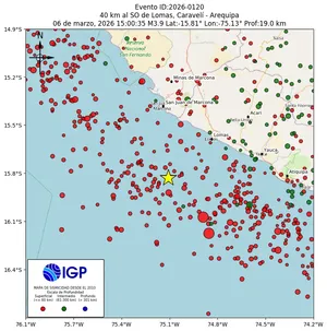 Mapa sísmico del sismo de magnitud 3.9 a 40 km al SO de Lomas, Caravelí - Arequipa, Perú