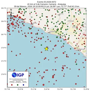Mapa sísmico del sismo de magnitud 3.9 a 41 km al S de Camaná, Camaná - Arequipa, Perú