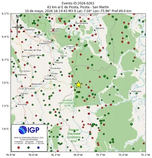 Mapa sísmico del sismo de magnitud 3.9 a 43 km al E de Picota, Picota - San Martín, Perú