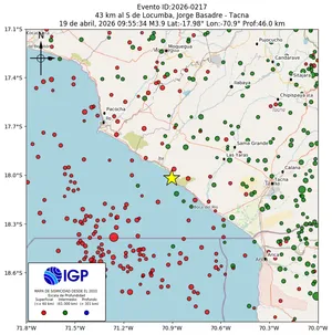Mapa sísmico del sismo de magnitud 3.9 a 43 km al S de Locumba, Jorge Basadre - Tacna, Perú