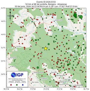 Mapa sísmico del sismo de magnitud 3.9 a 52 km al NE de Jumbilla, Bongara - Amazonas, Perú