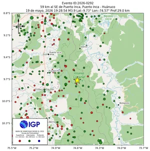Mapa sísmico del sismo de magnitud 3.9 a 59 km al SE de Puerto Inca, Puerto Inca - Huánuco, Perú