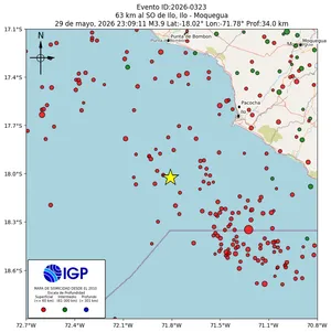 Mapa sísmico del sismo de magnitud 3.9 a 63 km al SO de Ilo, Ilo - Moquegua, Perú