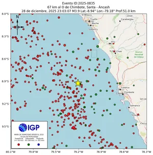 Mapa sísmico del sismo de magnitud 3.9 a 67 km al O de Chimbote, Santa - Áncash, Perú
