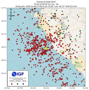 Mapa sísmico del sismo de magnitud 3.9 a 74 km al SO de Ica, Ica - Ica, Perú