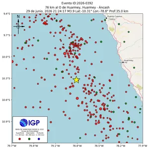 Mapa sísmico del sismo de magnitud 3.9 a 76 km al O de Huarmey, Huarmey - Áncash, Perú