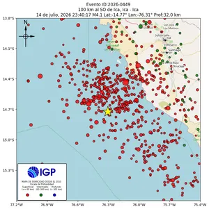 Mapa sísmico del sismo de magnitud 4.1 a 100 km al SO de Ica, Ica - Ica, Perú