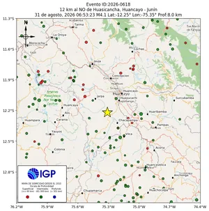 Mapa sísmico del sismo de magnitud 4.1 a 12 km al NO de Huasicancha, Huancayo - Junín, Perú