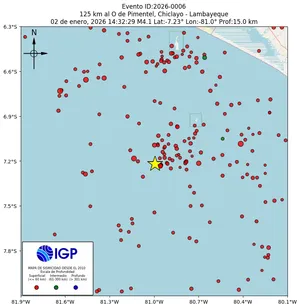 Mapa sísmico del sismo de magnitud 4.1 a 125 km al O de Pimentel, Chiclayo - Lambayeque, Perú