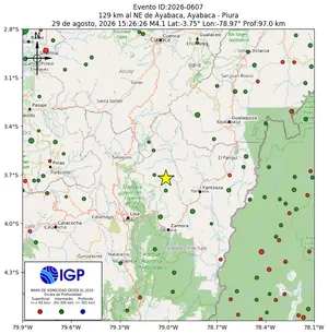 Mapa sísmico del sismo de magnitud 4.1 a 129 km al NE de Ayabaca, Ayabaca - Piura, Perú