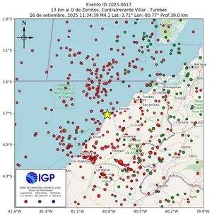Mapa sísmico del sismo de magnitud 4.1 a 13 km al O de Zorritos, Contralmirante Villar - Tumbes, Perú
