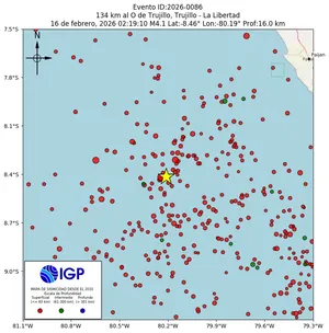 Mapa sísmico del sismo de magnitud 4.1 a 134 km al O de Trujillo, Trujillo - La Libertad, Perú