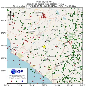 Mapa sísmico del sismo de magnitud 4.1 a 14 km al S de Ilabaya, Jorge Basadre - Tacna, Perú