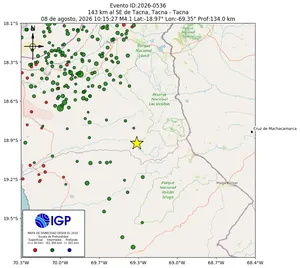 Mapa sísmico del sismo de magnitud 4.1 a 143 km al SE de Tacna, Tacna - Tacna, Perú