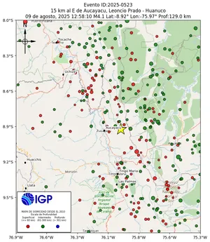 Mapa sísmico del sismo de magnitud 4.1 a 15 km al E de Aucayacu, Leoncio Prado - Huanuco, Perú