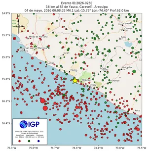 Mapa sísmico del sismo de magnitud 4.1 a 16 km al SE de Yauca, Caravelí - Arequipa, Perú